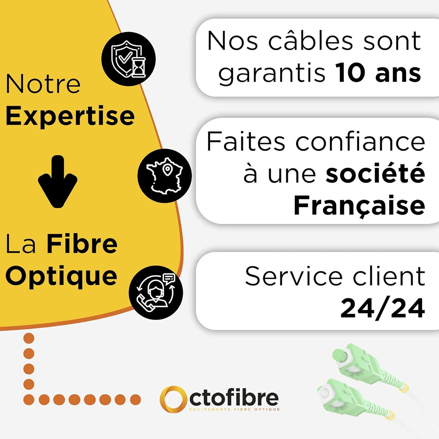 Octofibre - Câble Fibre Optique Orange SFR Bouygues - Renforcée Avec Blindage Kevlar - Rallonge/Jarretiere - SC APC vers SC APC - Garantie 10 Ans