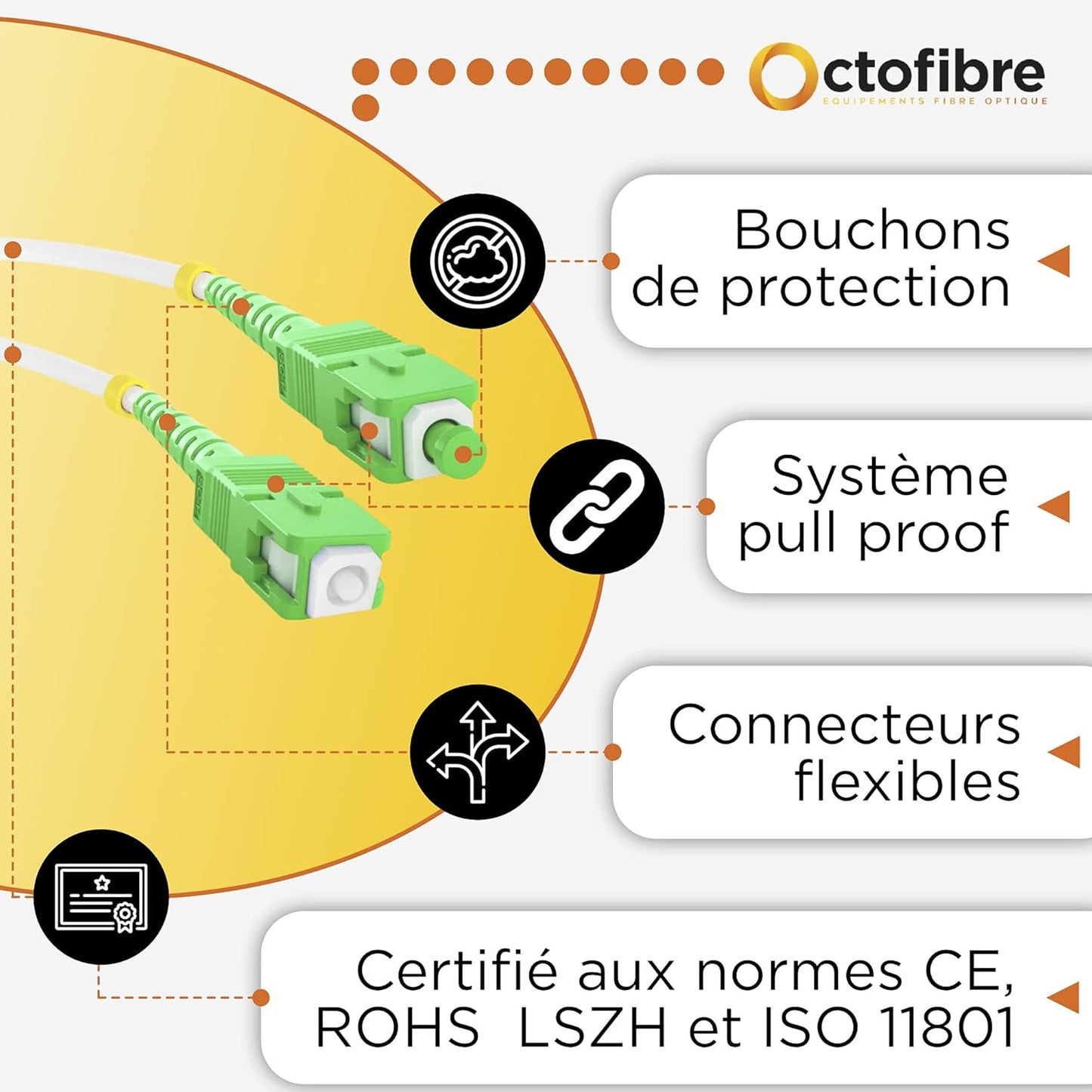 Octofibre - Câble Fibre Optique Orange SFR Bouygues - Renforcée Avec Blindage Kevlar - Rallonge/Jarretiere - SC APC vers SC APC - Garantie 10 Ans