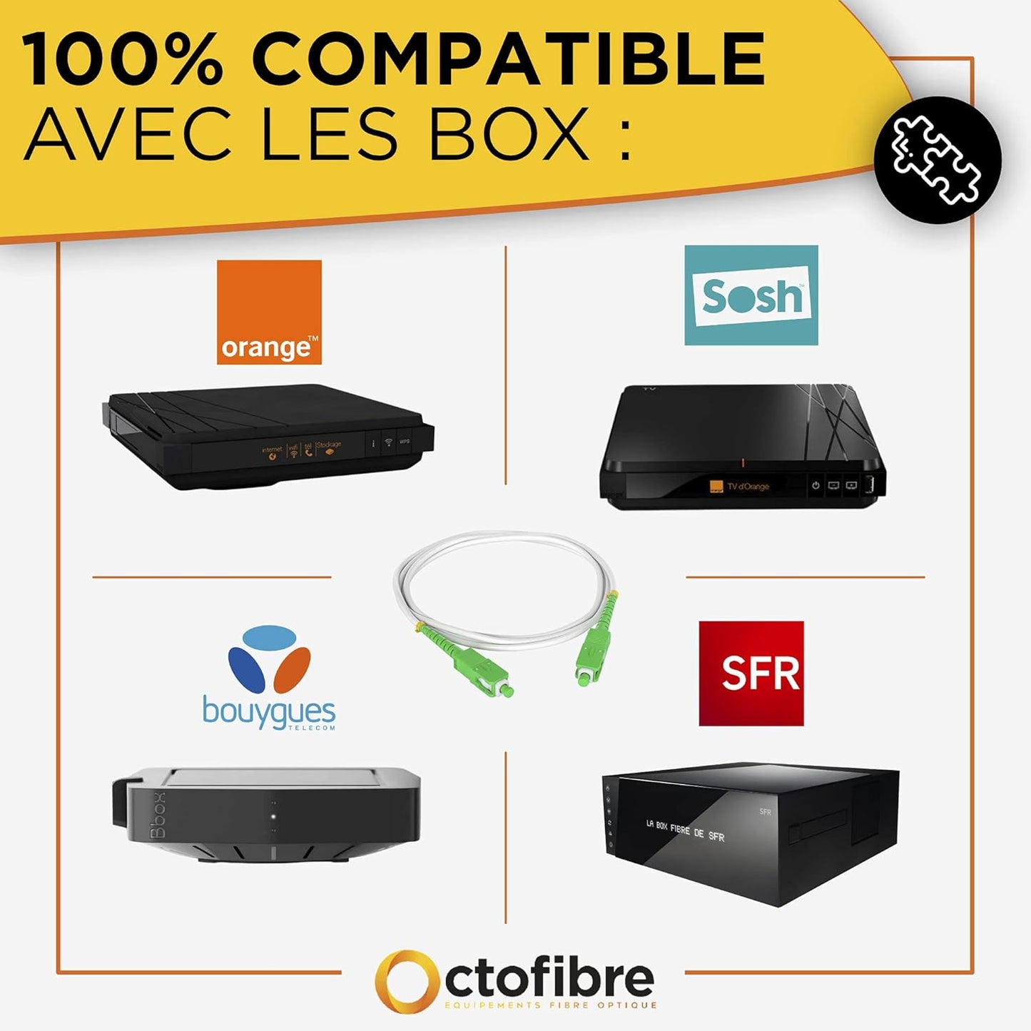 Octofibre - Câble Fibre Optique Orange SFR Bouygues - Renforcée Avec Blindage Kevlar - Rallonge/Jarretiere - SC APC vers SC APC - Garantie 10 Ans