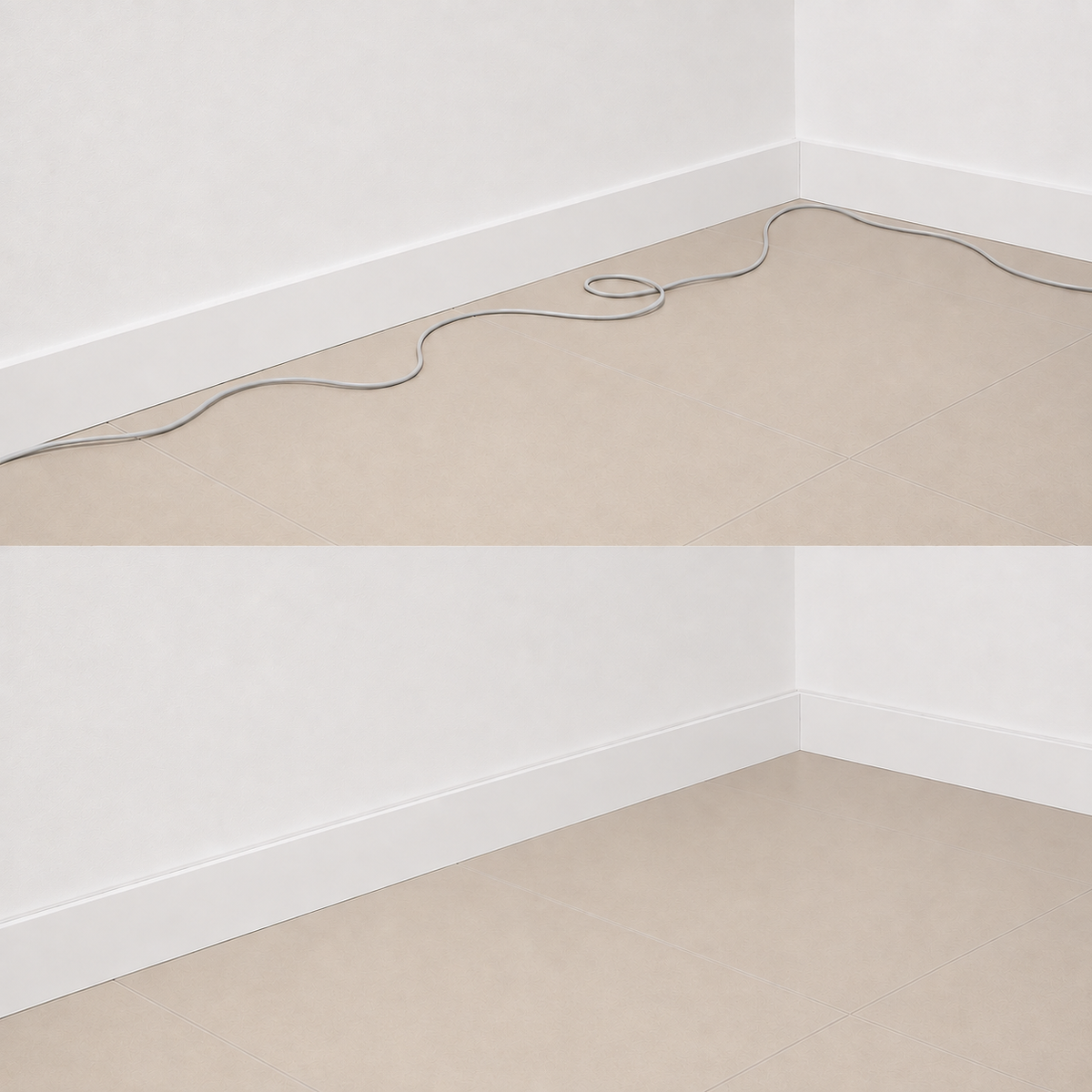 Avant : un câble traîne au sol. Après : la fibre est invisible le long de la plinthe.